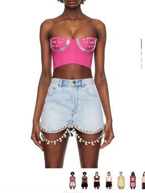 AREA Pink Embellished glass ornement Strapless Crop Top